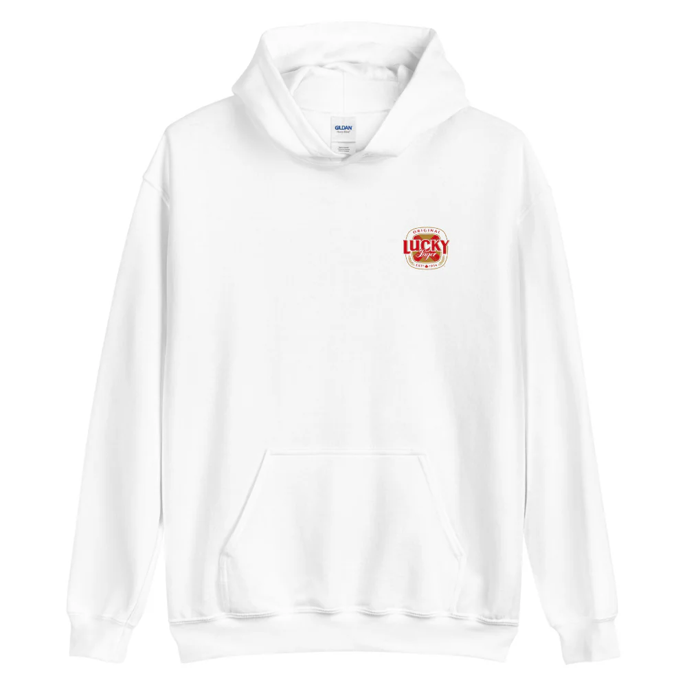 Lucky Lager Unisex Hoodie with Back Logo - Image 3